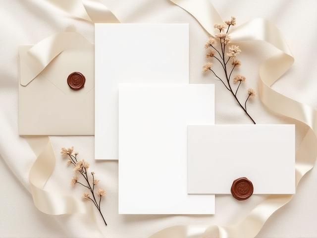 Overhead shot of various luxury wedding stationery elements laid out, including invitation, RSVP card, and wax seal, reflecting the design process.