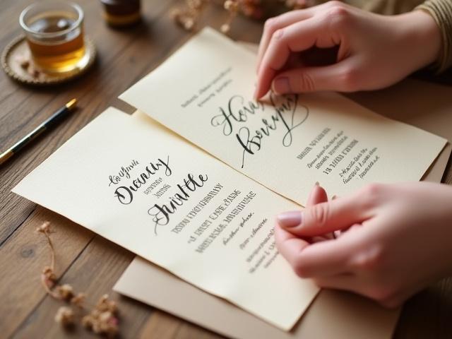 Close-up of Mary G Reis's hands working on a wedding invitation in her studio, surrounded by elegant paper samples and calligraphy tools.
