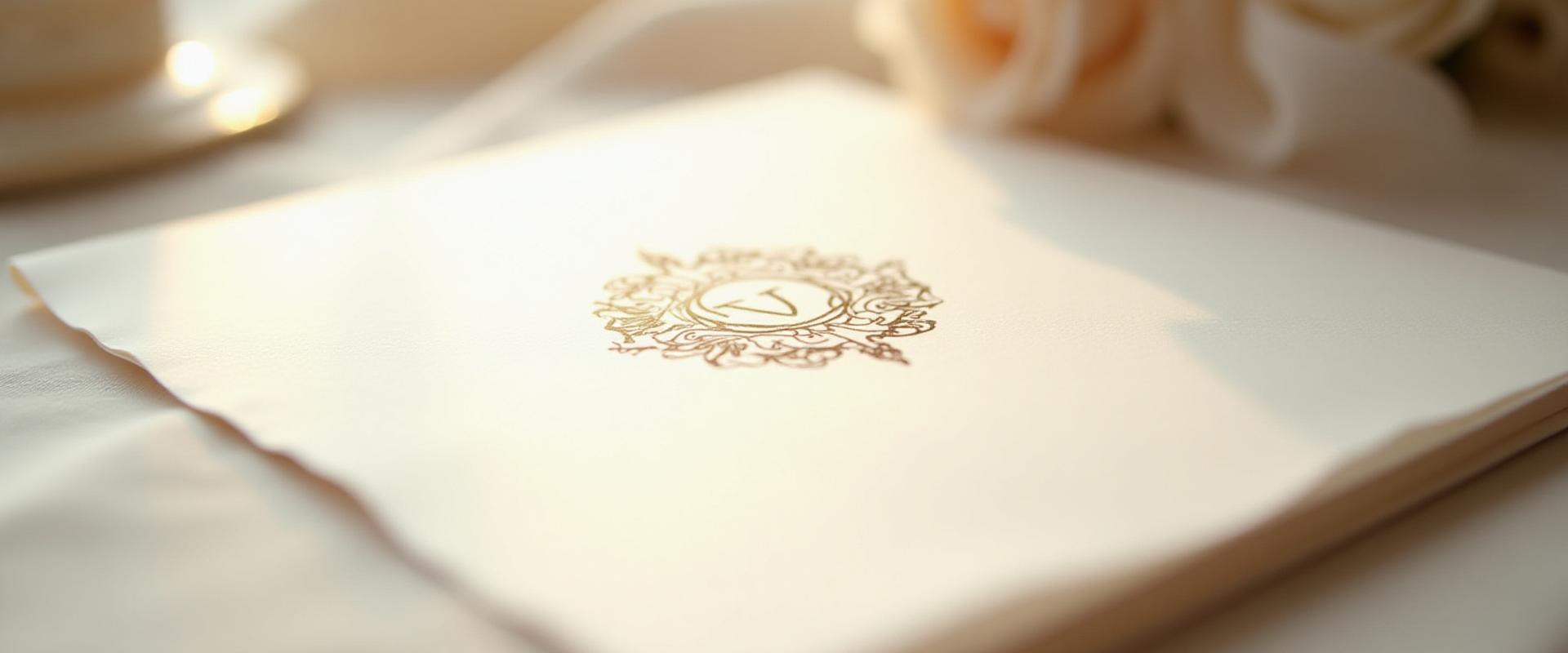 Close-up of a beautifully rendered custom wedding crest on thick, textured paper, featuring intricate details and a soft focus background.