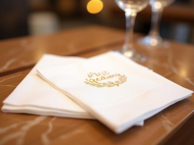 Custom cocktail napkin featuring a printed wedding crest at a reception.