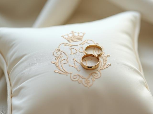 Ring pillow with an embroidered custom wedding crest, holding wedding bands.