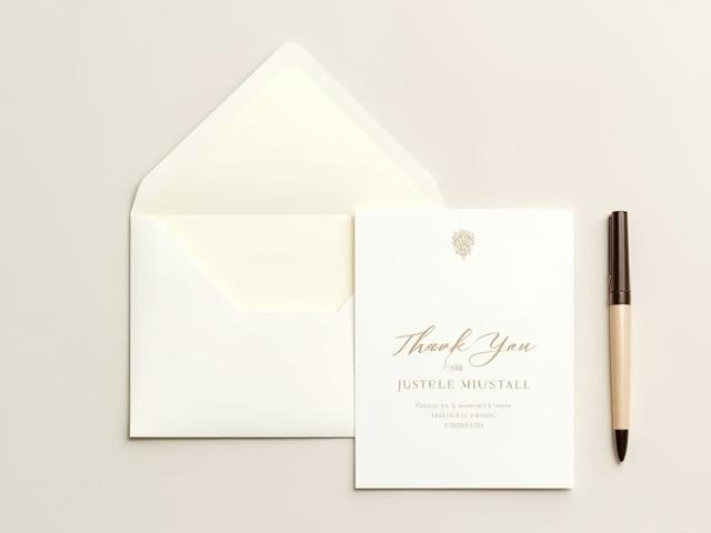 Stylized thank you card with a custom wedding crest on the front, next to a handwritten note.