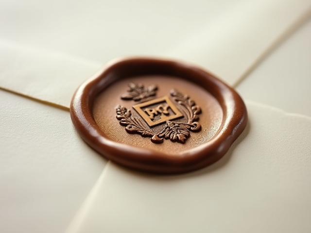Elegant wax seal with a custom crest impressed on a wedding invitation envelope.
