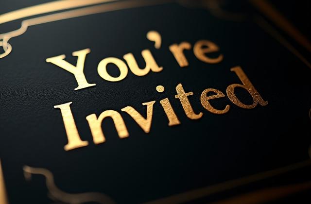 Bold gold foil geometric pattern and text on deep black cardstock, evoking an art-deco luxury style.