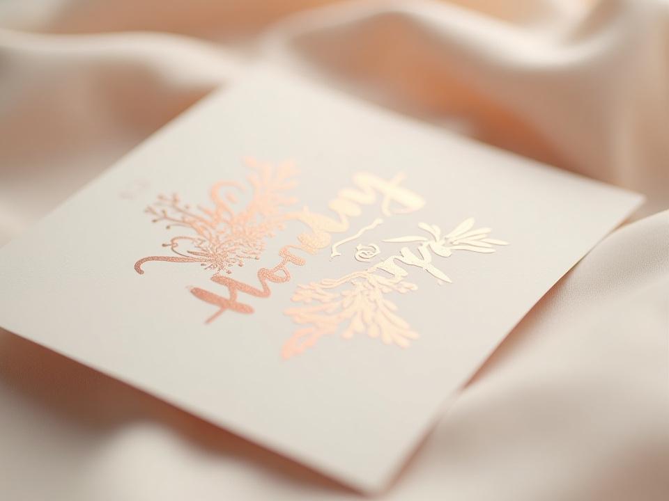 Close-up of a wedding invitation with rose gold foil text shining vibrantly, part of a luxurious wedding suite on a soft pale background.