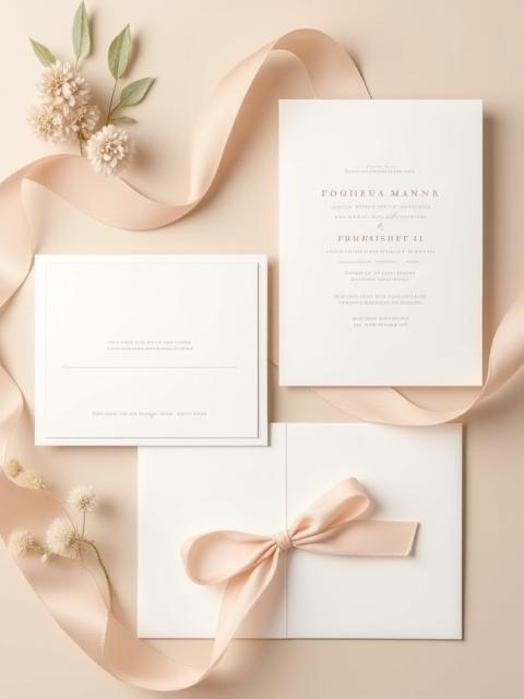 An elegant wedding invitation suite tied with hand-dyed silk ribbon
