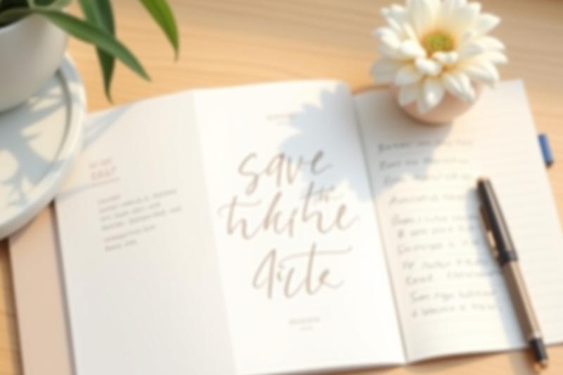 Soft focus image of an open notebook with a checklist and a custom save the date card